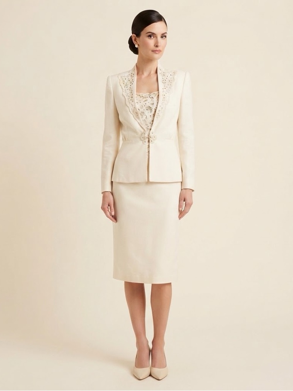Nolan Miller 3PC Skirt Suit 6 Ivory Linen Cutwork Rhinestone Blazer Camisole